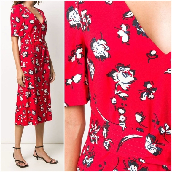 Veronica Beard Joia Red Multi Floral Print V-Neck Belted Midi Dress Size 2 - XS - Picture 2 of 15